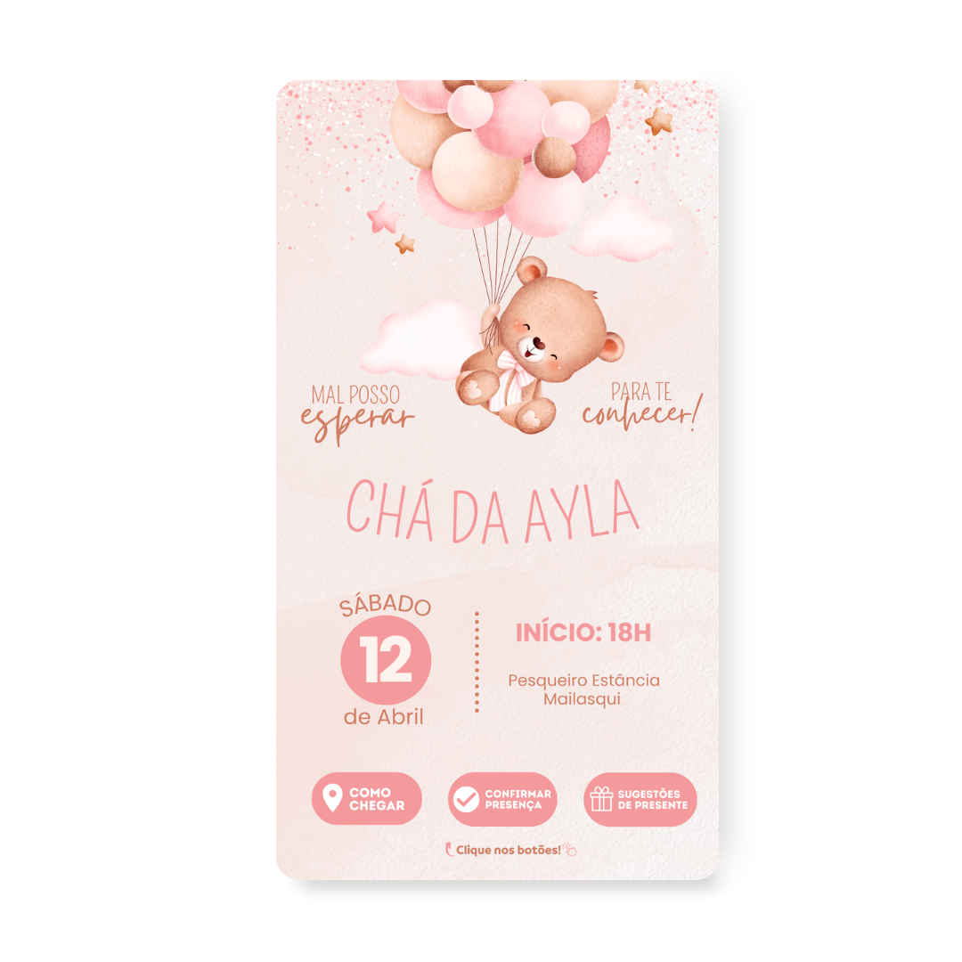 Convite Digital Interativo Premium Chá de Bebê Ursinha
